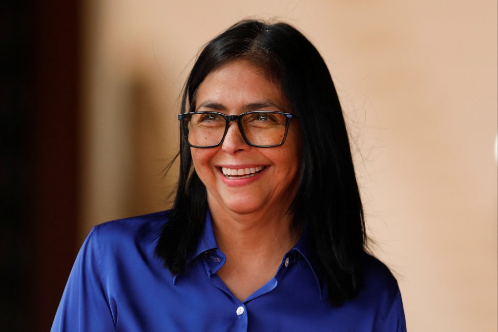 Venezuela’s interim president Delcy Rodriguez smiles during a press conference at Miraflores Palace in Caracas on Wednesday. Photo: Reuters