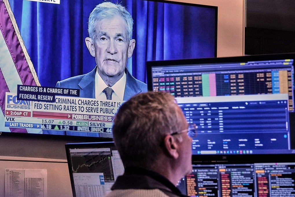 A video of US Federal Reserve Chair Jerome Powell plays on a screen on the floor of the New York Stock Exchange on January 12. Powell has rejected the Trump administration’s claims of wrongdoing against him, calling them a pretext for punishing him for not cutting interest rates as fast as US President Donald Trump desired. Photo: AP