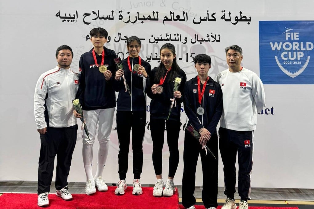 Hong Kong fencers (from left) Wong Pak-yiu, Vivienne Lee, Ivana Lee and Anthony Ho pose with their medals after the FIE Junior and Cadet Epee World Cup in Bahrain. Photo: Hong Kong Fencing Association