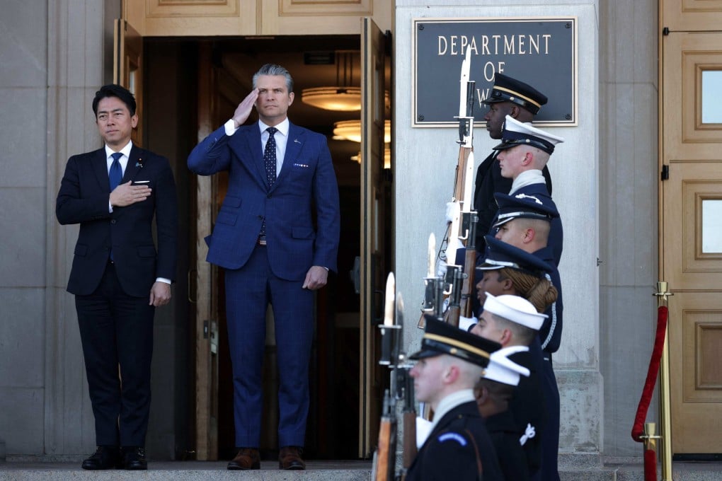 US Defence Secretary Pete Hegseth (right) welcomes Japanese Defence Minister Shinjiro Koizumi at the Pentagon in Virginia on Thursday. Photo: Getty Images/AFP