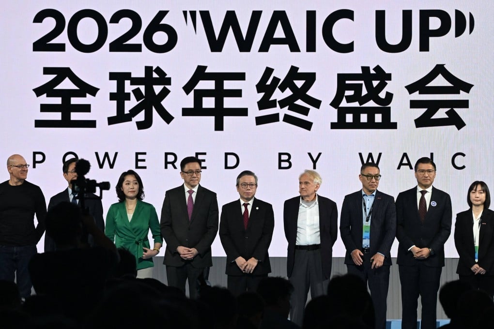 Hong Kong’s Secretary for Innovation, Technology and Industry, Sun Dong (fourth from left), joins other  dignitaries on Friday, during the city’s inaugural turn as host of a summit under the World Artificial Intelligence Conference at the Hong Kong Science Park. Photo: AFP