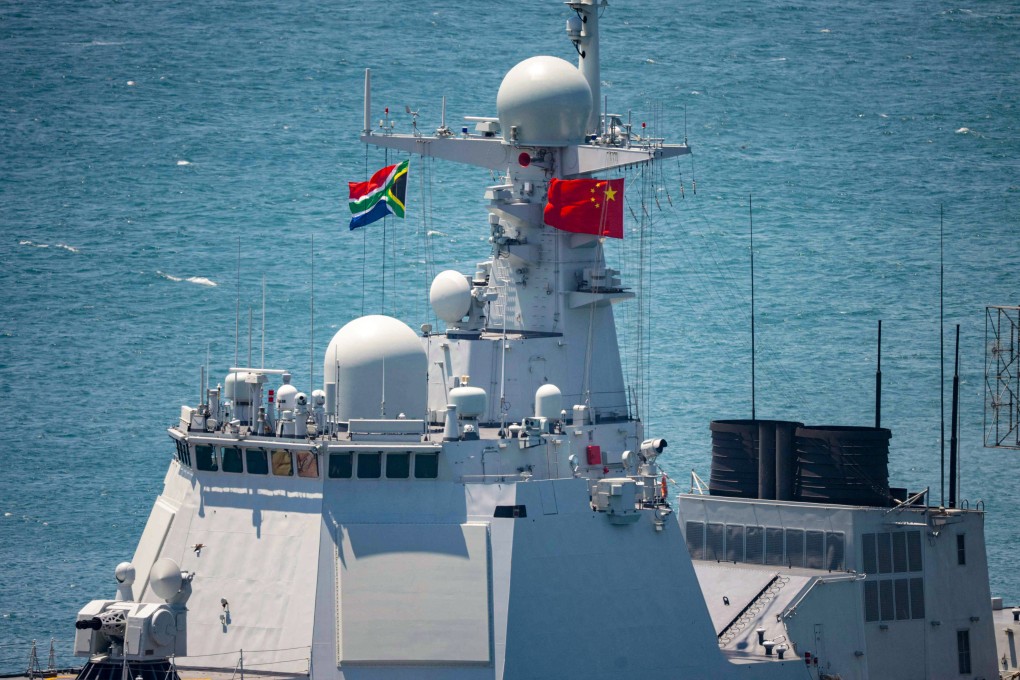 South African and Chinese flags fly aboard the Chinese guided-missile destroyer Tangshan, moored at port in Cape Town for joint naval drills involving Brics members, on January 10. Photo: AFP