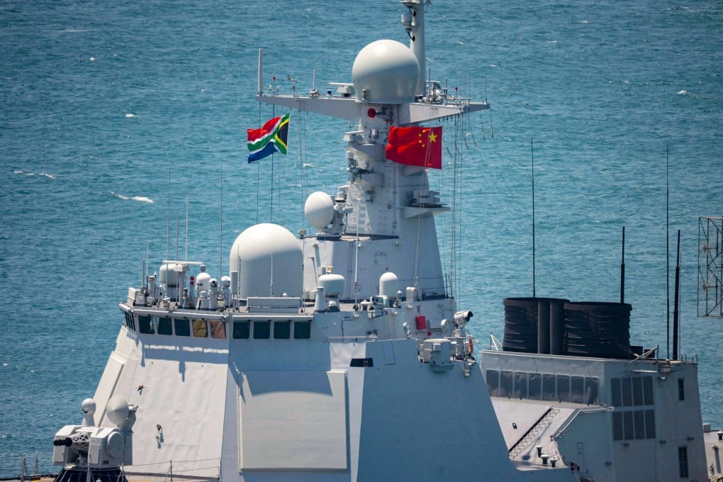 South African and Chinese flags fly aboard the Chinese guided-missile destroyer Tangshan, moored at port in Cape Town for joint naval drills involving Brics members, on January 10. Photo: AFP