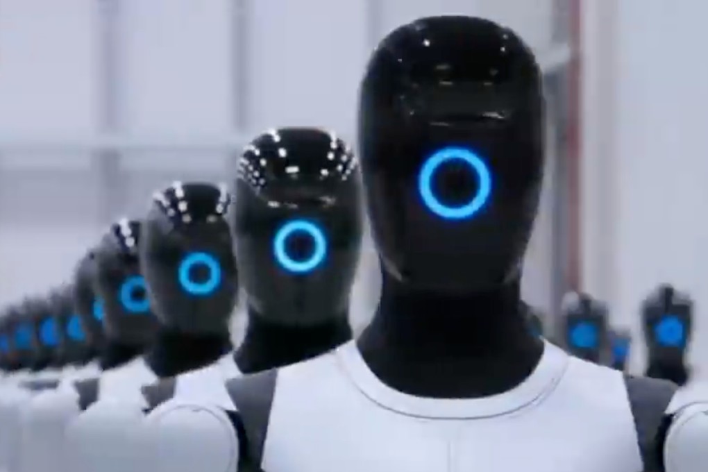 In this screengrab from video footage released by UBTech, hundreds of Walker S2 humanoid robots stand in precise formation inside a warehouse. Photo: Baidu