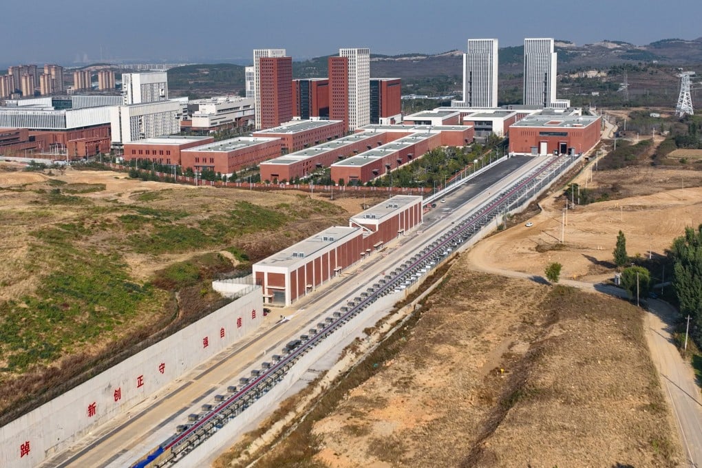 A team of scientists in China has likened the experience of breaking the sound barrier with the large-scale electromagnetic rail system to driving blindfolded at more than 1,200km/h. Photo: CCTV