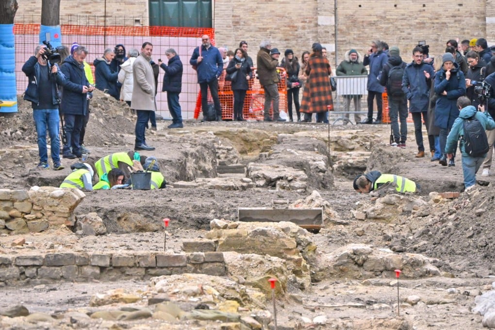 Excavations in Piazza Andrea Costa from which large columns emerged, remains believed of the Basilica of Vitruvius, in Fano, Italy on Monday. Photo: EPA / Regione Marche Press Office Handout