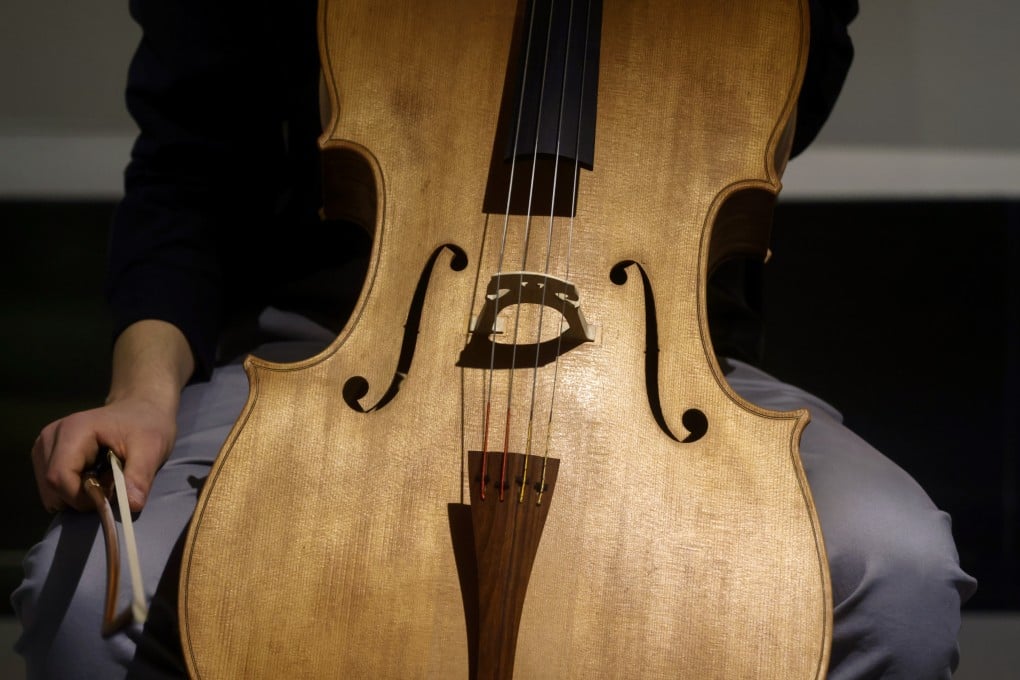 The Chinese rosewood cello that stars in “The World’s First Huanghuali Cello” is seen at the exhibition at the Liang Yi Museum in Sheung Wan, Hong Kong. The exhibition, which runs until January 28, showcases the masterpiece alongside other items made from Chinese rosewood. Photo: Jonathan Wong