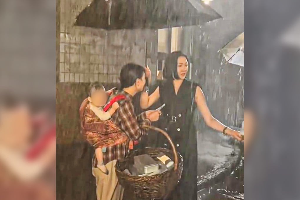 A miniseries production team in China has faced a backlash after it exposed an infant to heavy rain during filming instead of using a doll. Photo: Weibo
