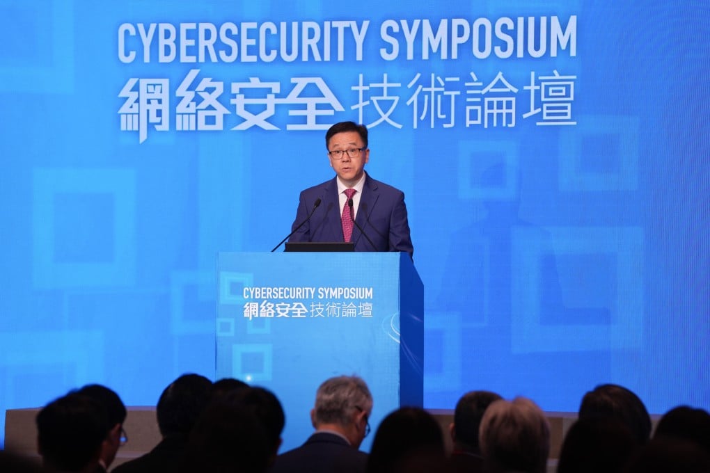 Secretary for Innovation, Technology and Industry Sun Dong delivers a speech on Tuesday at the Cybersecurity Symposium, held at the Hong Kong Convention and Exhibition Centre. Photo: Elson Li
