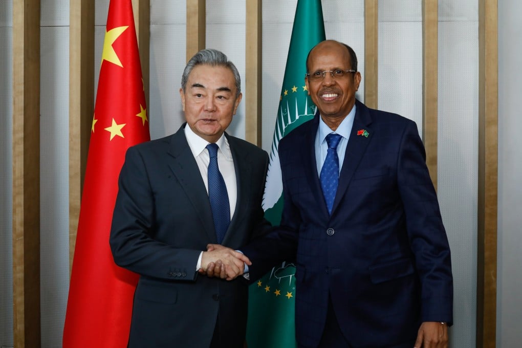 African Union Commission chairman Mahmoud Ali Youssouf welcomes Chinese Foreign Minister Wang Yi in Addis Ababa, Ethiopia, on January 8. Photo: Handout from African Union via EPA