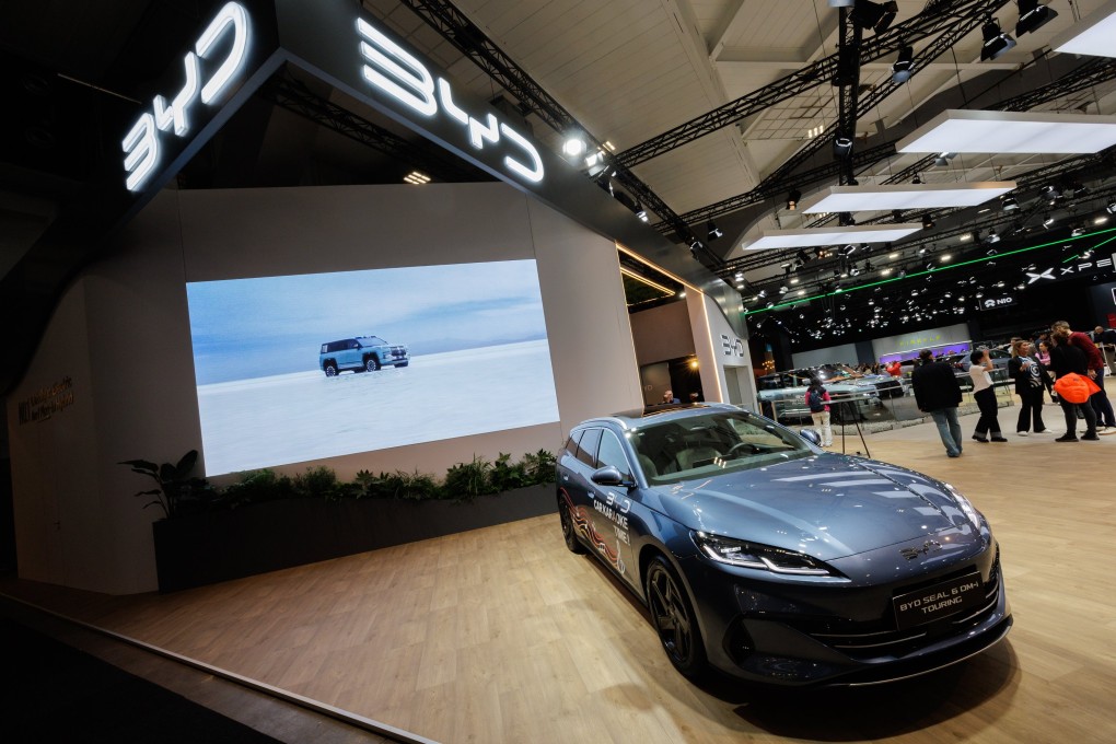 A BYD Seal is displayed at the Brussels Motor Show on January 9, 2026. Photo: EPA