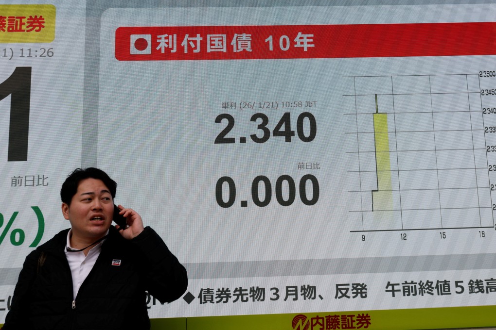 A man talks on the phone in front of an electronic board displaying data on Japan’s 10-year government bonds outside a brokerage in Tokyo on January 21, 2026. Photo: Reuters