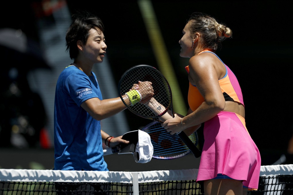 Belarus’ Aryna Sabalenka (right) shakes hands with China’s Bai Zhuoxuan after winning their  second-round match. Photo: Reuters
