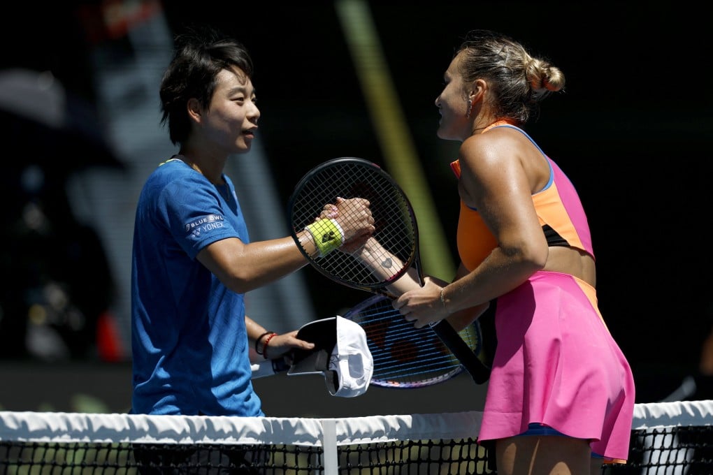 Belarus’ Aryna Sabalenka (right) shakes hands with China’s Bai Zhuoxuan after winning their second-round match. Photo: Reuters