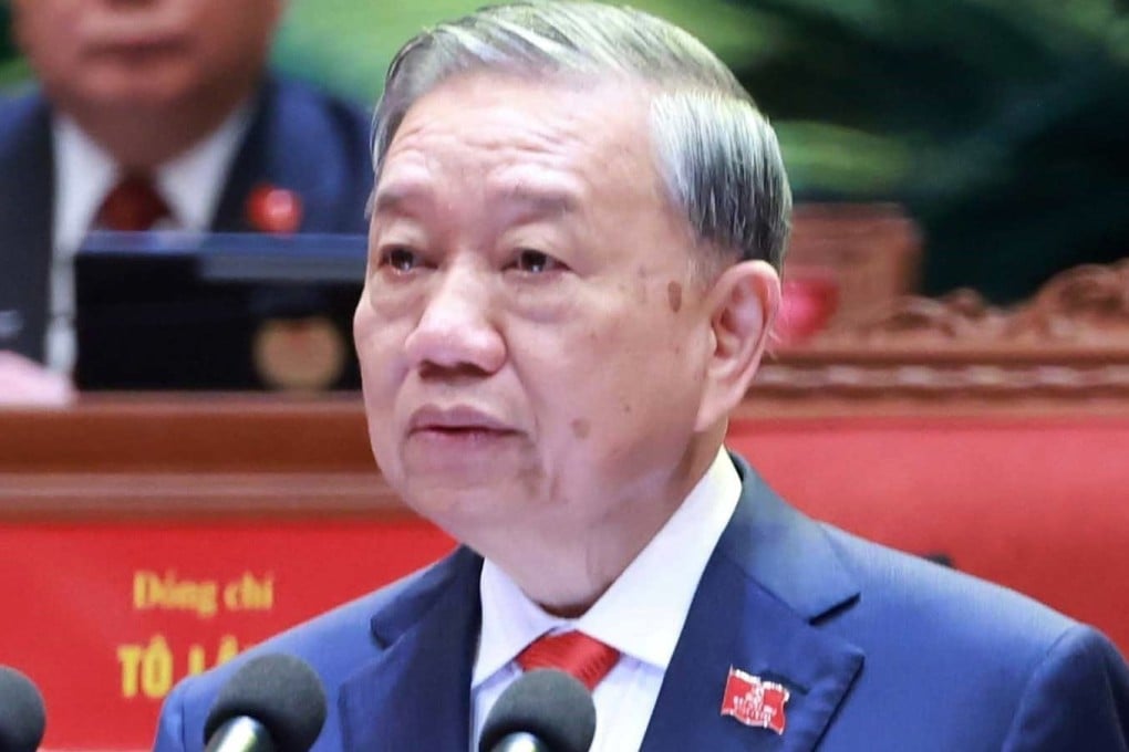 Communist Party General Secretary To Lam delivers a speech at the party’s congress in Hanoi on Monday. Photo: Vietnam News Agency/EPA