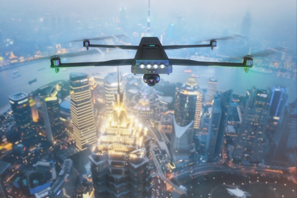 A drone flies over The Bund in central Shanghai in the evening. Photo: Shutterstock