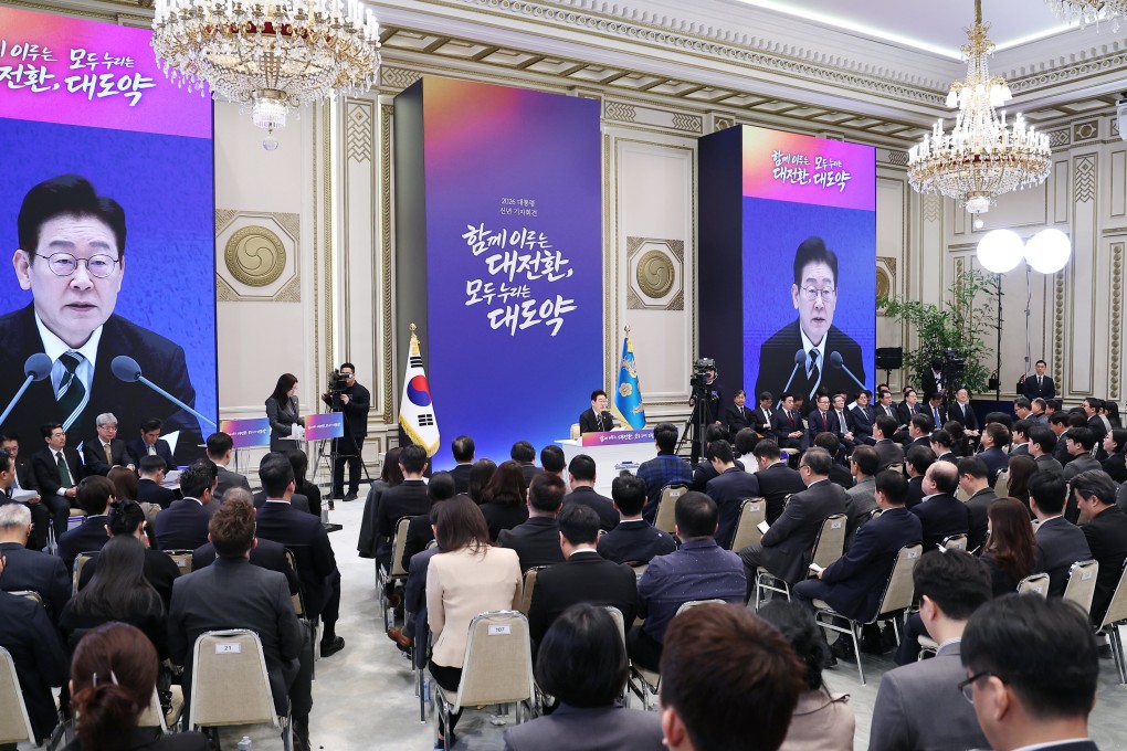 South Korea’s President Lee Jae Myung addresses a press conference in Seoul on Wednesday. Photo: EPA/Yonhap