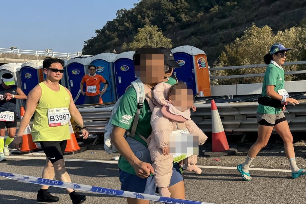 A widely circulated social media video, apparently shot by another runner, shows the man jogging with the infant strapped to his chest. Photo: Handout