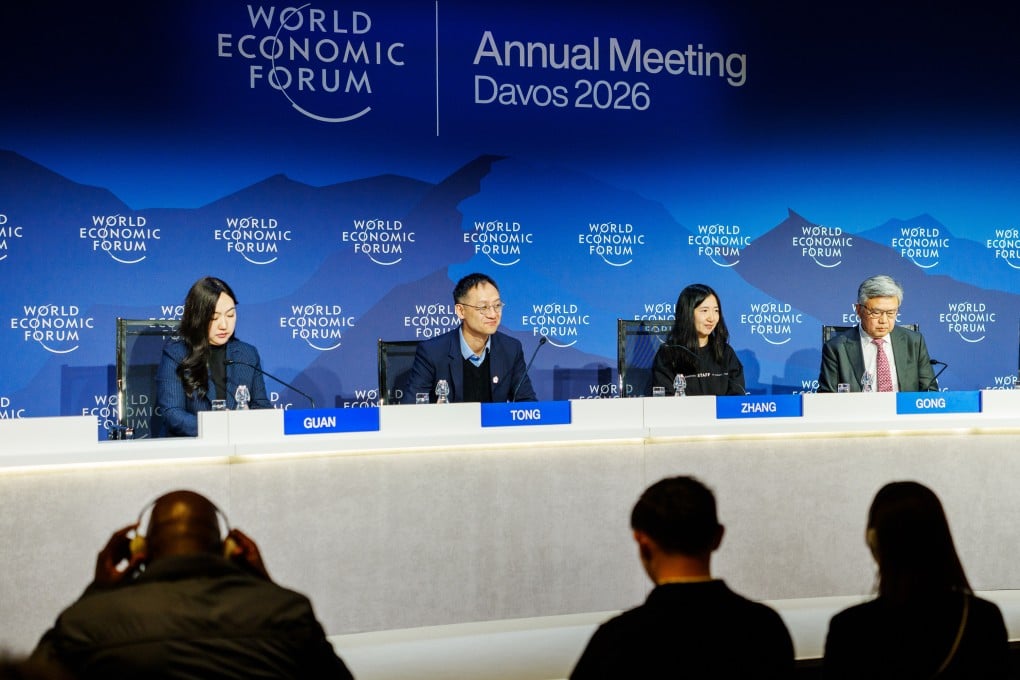 China’s “AI Plus” panel discussion at the World Economic Forum on Wednesday included, from left, moderator Guan Xin, Tencent Holdings’ Dowson Tong, Moonshot AI’s Zhang Yutong and Nankai University’s Gong Ke. Photo: SCMP