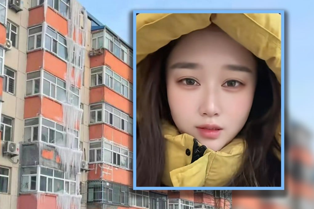 A woman in China accidentally left her water tap on, flooding her residential community and turning it into an ice rink after the water froze overnight. Photo: SCMP composite/Douyin/news.china.com