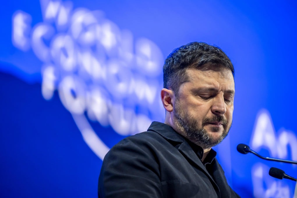Ukraine’s President Volodymyr Zelensky speaks at the World Economic Forum in Davos, Switzerland, on Thursday. Photo: Keystone via AP