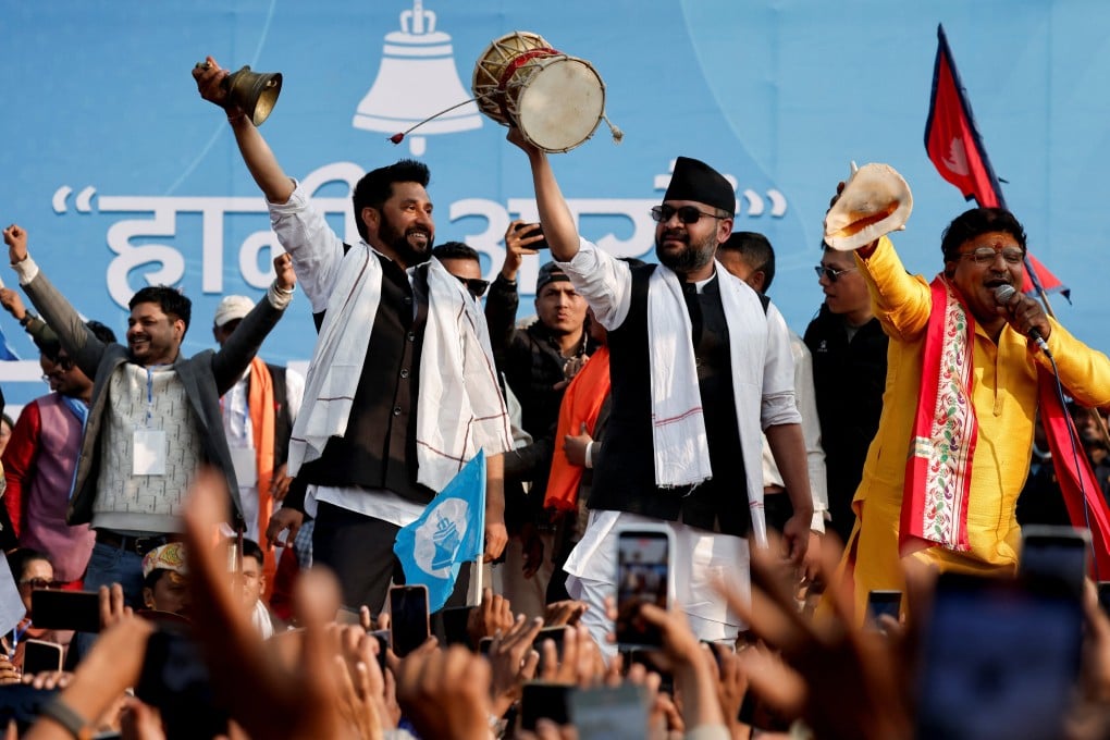 Balendra Shah, former mayor of Kathmandu, attends an election campaign alongside Rabi Lamichhane, president of Rastriya Swatantra Party, in Janakpur, Nepal, on Monday. Photo: Reuters