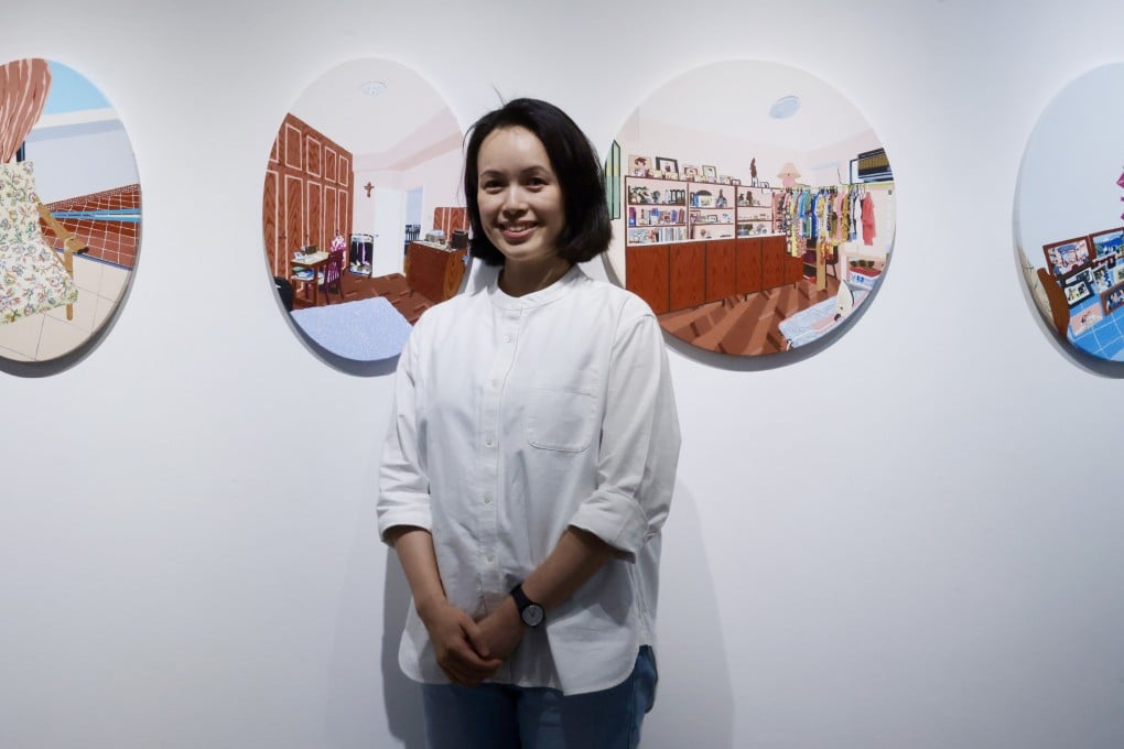 Artist Marian Ang stands in front of “All About My Grandmother” (2025) at her “No Man’s Land” exhibition at Hart Haus, in Kennedy Town, Hong Kong. The title of her solo exhibition reflects how she feels about motherhood. Photo: Jonathan Wong