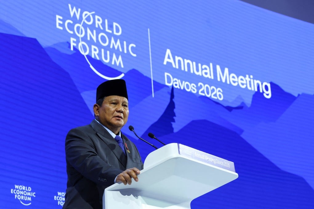 Indonesia’s President Prabowo Subianto delivers a speech at the World Economic Forum meeting in Davos, Switzerland, on Thursday. Photo: Reuters