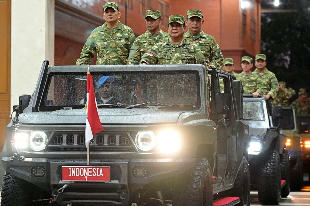 President Prabowo Subianto (third from left) and Defence Minister Sjafrie Sjamsoeddin (left) at the military academy in Magelang, Central Java in 2024. Photo: AFP/Indonesia’s presidential palace