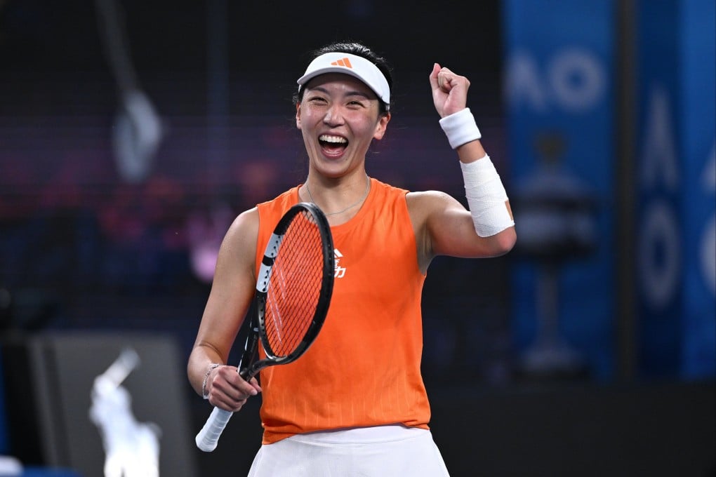 Wang Xinyu of China celebrates after winning her third-round match against Linda Noskova of the Czech Republic on Saturday. Photo: EPA
