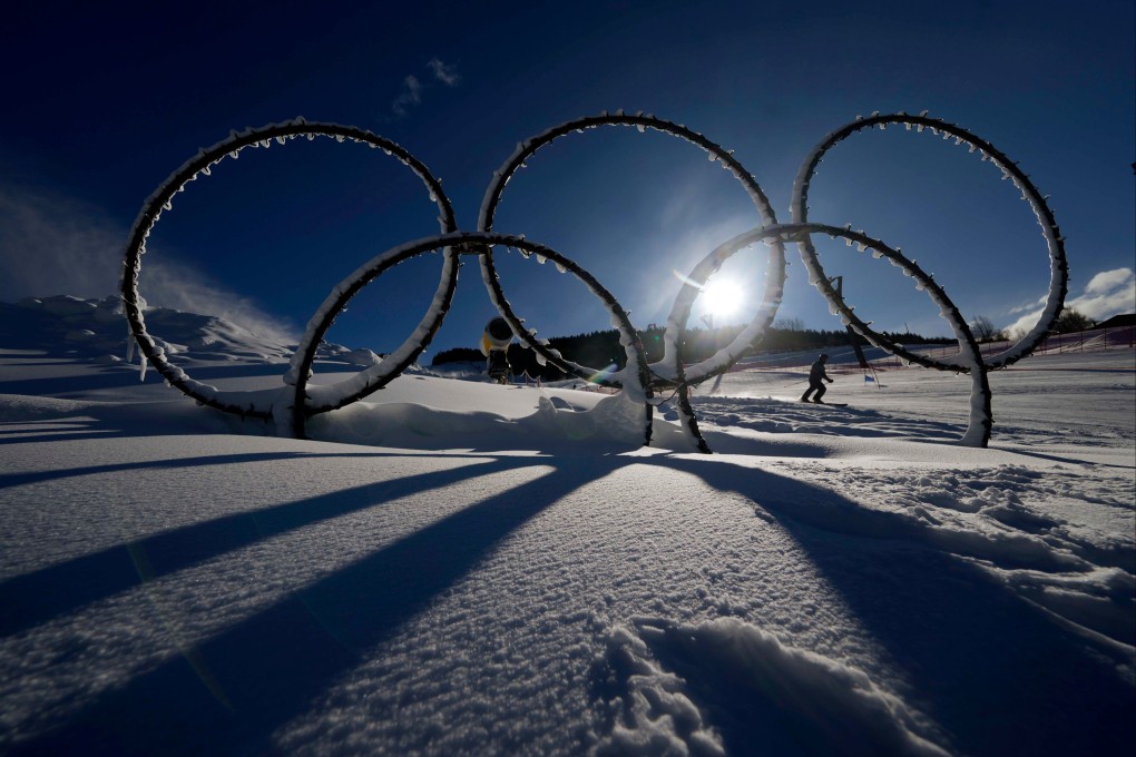 Olympic rings are displayed in the snow at the Stelvio Ski Center, venue for the Alpine skiing and ski mountaineering events. Photo: AP