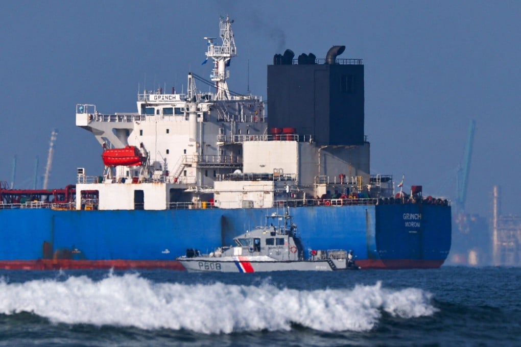 The Grinch oil tanker, intercepted by French navy in the Gulf of Fos-sur-Mer, in Martigues, France, on Sunday. Photo: Reuters