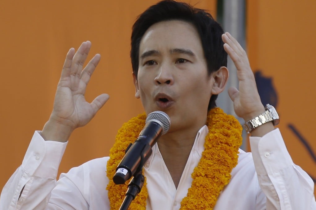 Former party leader Pita Limjaroenrat speaks on stage during a People’s Party election campaign event in Bangkok on Sunday. Photo: EPA