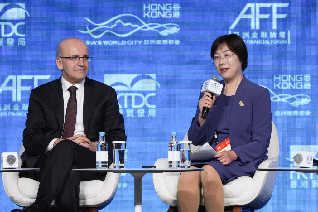 Zou Jiayi speaking at a panel during the 19th Asian Financial Forum at the Hong Kong Convention and Exhibition Centre in Wan Chai on January 26. She is China’s former vice-minister of finance, and became AIIB president on January 16. Photo: SCMP