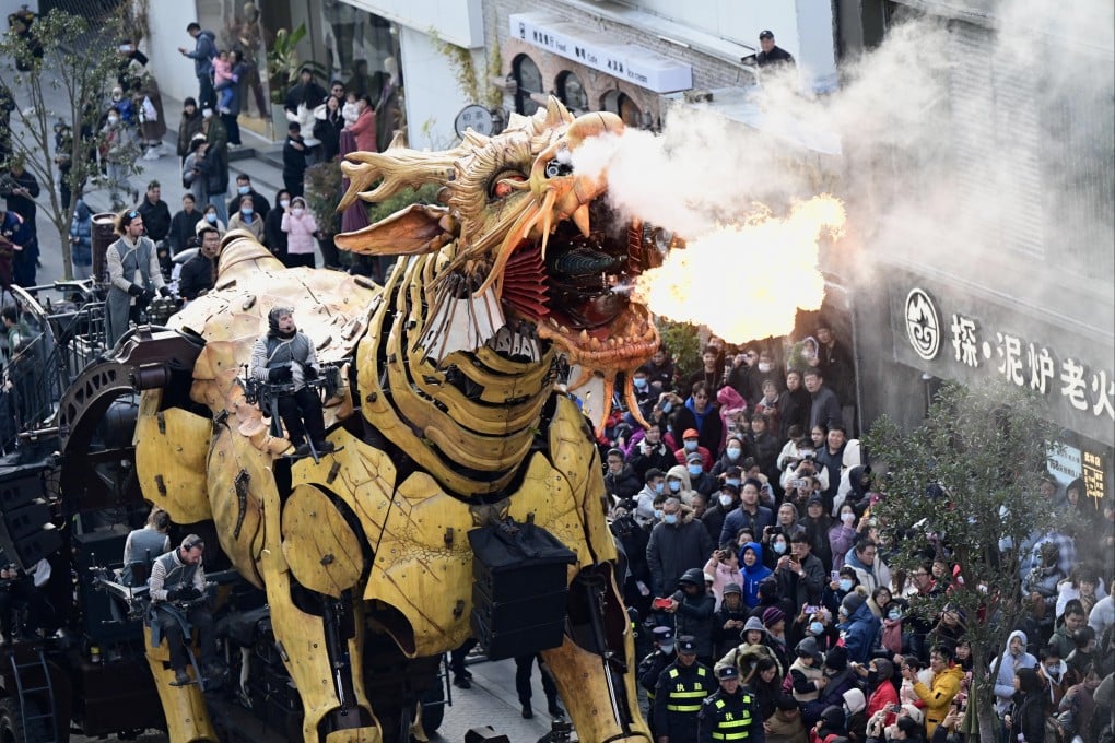 A mechanical horse dragon spits fire during a parade on December 16, 2023, in Hangzhou in China’s Zhejiang province. Photo: Getty Images