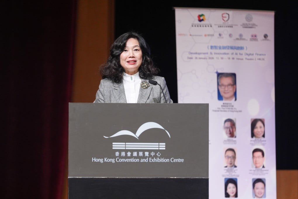 Permanent secretary for Financial Services and the Treasury Salina Yan speaks at the Development & Innovation of AI for Digital Finance forum at Hong Kong Convention and Exhibition Centre in Wan Chai on Monday. Photo: Eugene Lee