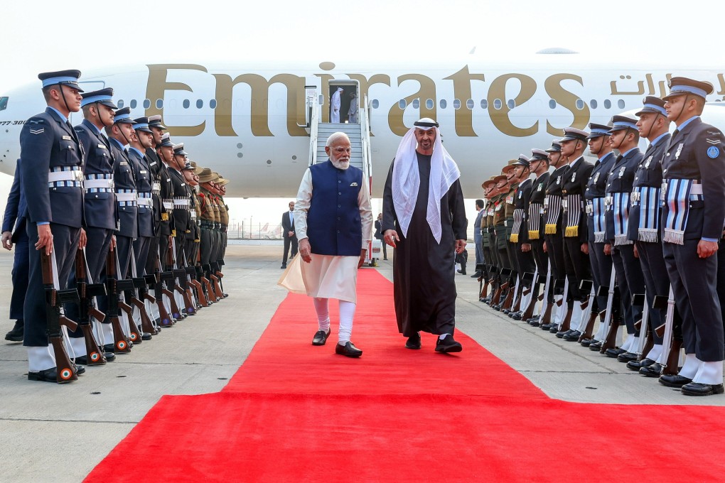 Indian Prime Minister Narendra Modi (left) welcoming Sheikh Mohammed bin Zayed Al Nahyan, President of the United Arab Emirates, at New Delhi airport on January 19. Photo: EPA