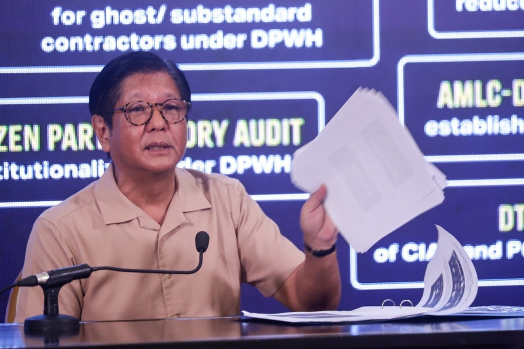 Philippine President Ferdinand Marcos Jnr delivering a report on investigative efforts against corruption at a media conference in Manila in November. Photo: EPA