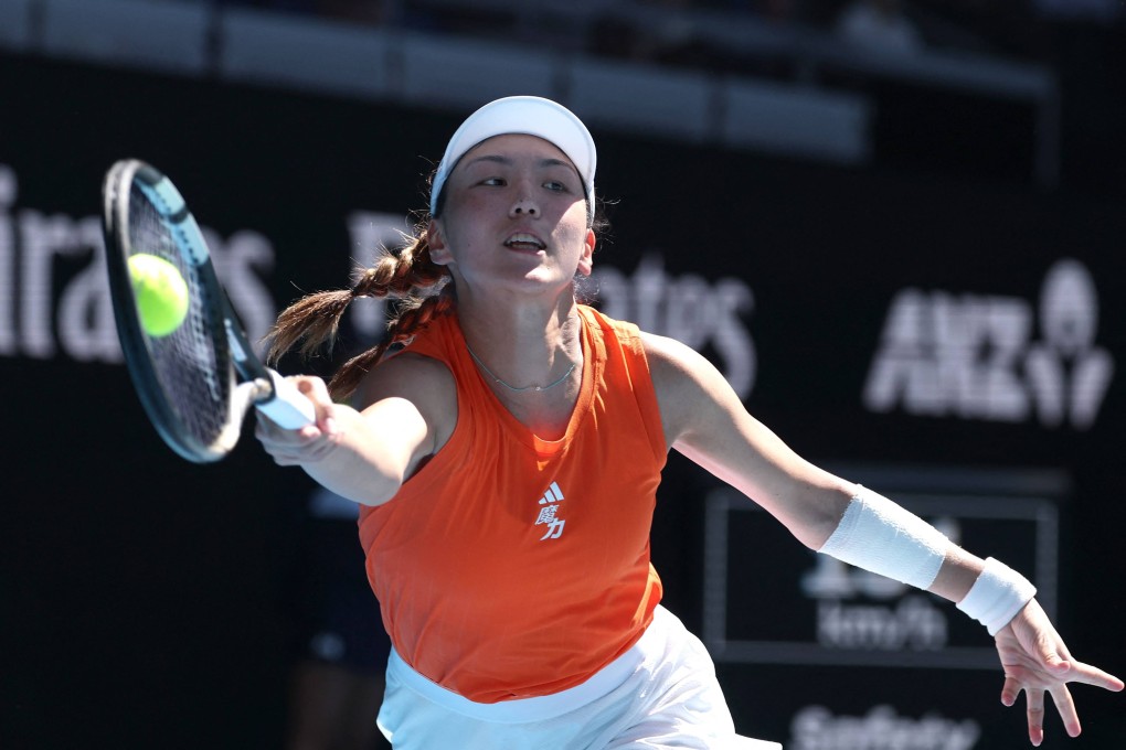 China’s Wang Xinyu hits a return to American Amanda Anisimova during their women’s singles match at the Australian Open. Photo: AFP