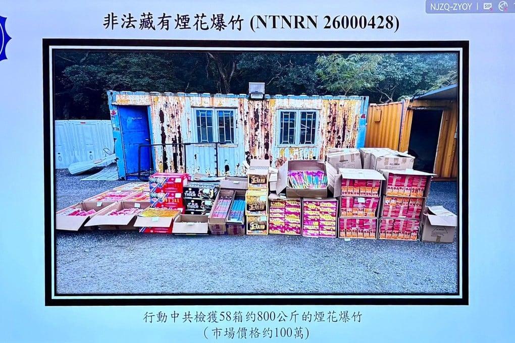 Officers seized the fireworks and firecrackers during a raid in Tuen Mun. Photo: Handout