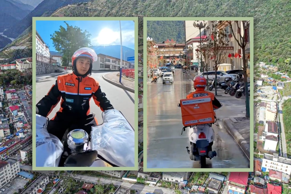 A young Chinese man who is the only delivery rider in the remote Tibetan town of Motuo completes up to 200 orders a day. Photo: SCMP composite/Xinhua/RedNote