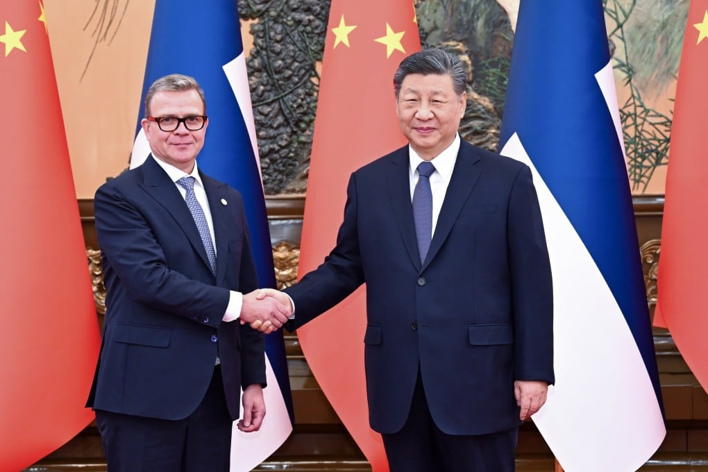 Chinese President Xi Jinping greets Finnish Prime Minister Petteri Orpo at the Great Hall of the People, in Beijing on Tuesday. Photo: Xinhua