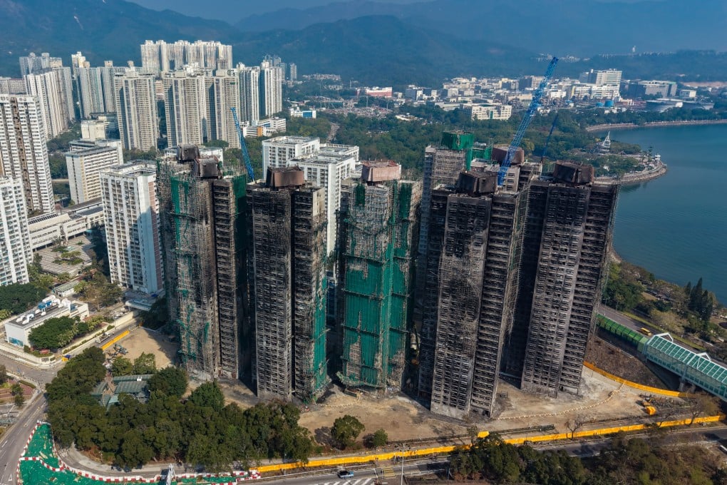 An aerial view of Wang Fuk Court in Tai Po. Seven of the estate’s eight blocks were devastated in a catastrophic fire last November. Photo: Sam Tsang