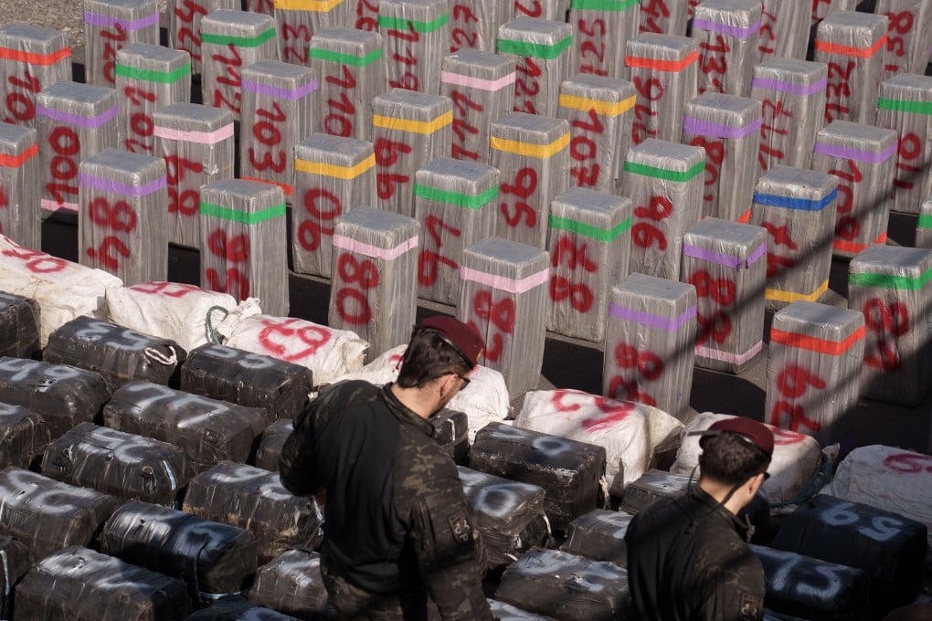 Drug packages found in a cargo vessel seized hundreds of kilometres off the coast of the Canary Islands earlier this month. Photo: EPA