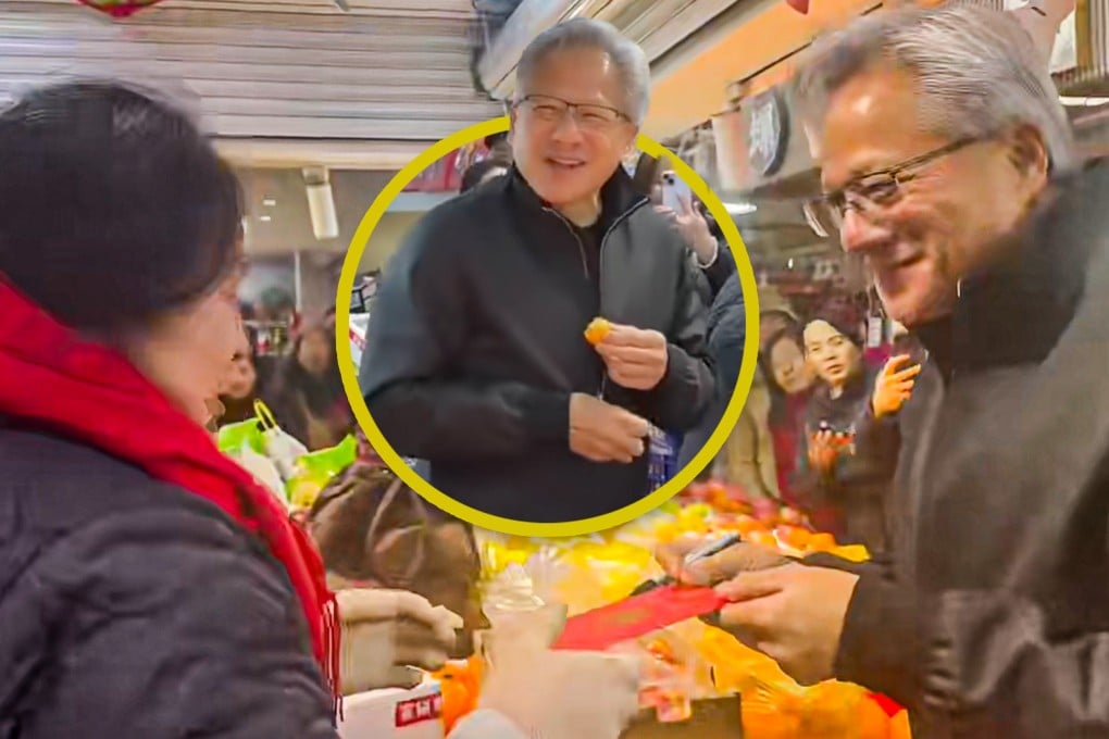 A Shanghai market vendor received a lai see packet from Nvidia’s CEO, Jensen Huang, but humorously admitted she did not recognise him. Photo: SCMP composite/RedNote