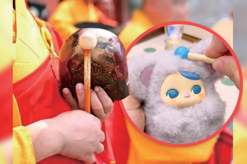 Pop Mart’s Pucky Knock Knock new blind box series features cute figures inspired by muyu, appealing to youth interests in luck and temple visits. Photo: SCMP composite/RedNote/ifeng