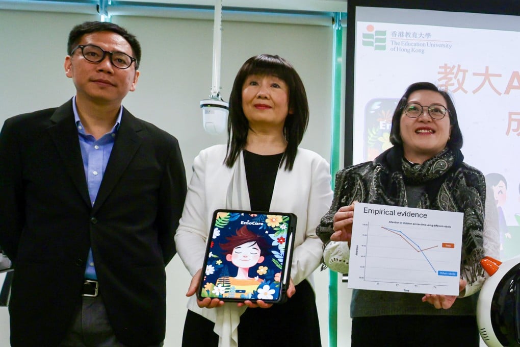(From left) EdUHK’s AI Education Tools showcase with Professor Alpha Ling Man-ho, Professor Song Yanjie, and Susanna Yeung Siu-sze, associate vice-president (quality assurance) of the psychology department. Photo: Jonathan Wong