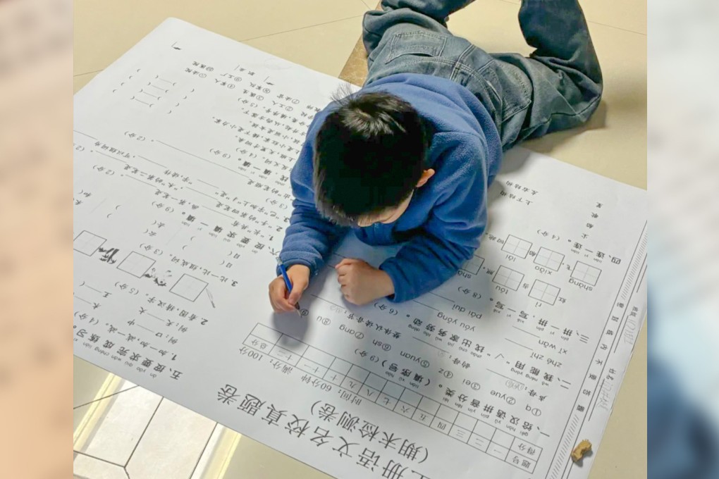 Some young parents in China have printed oversized winter holiday test papers to motivate their children to do their homework. Photo: RedNote