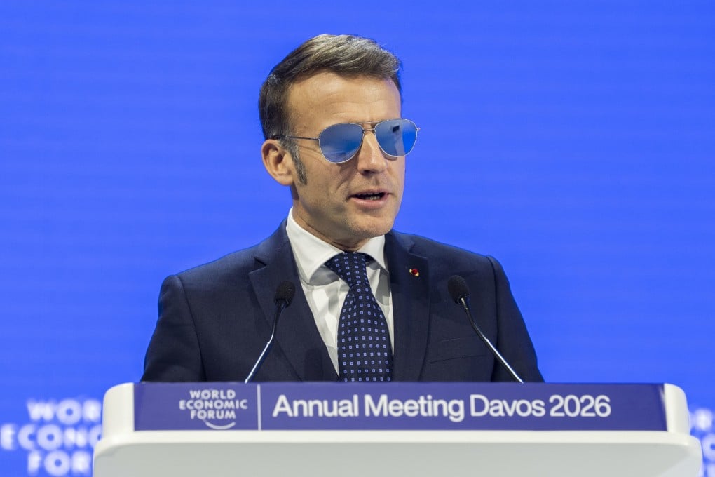 French President Emmanuel Macron, wearing aviator sunglasses due to an eye condition, delivers a speech during the World Economic Forum annual meeting in Davos, Switzerland, on Tuesday. Photo: Valeriano Di Domenico/World Ecomonic Forum/dpa