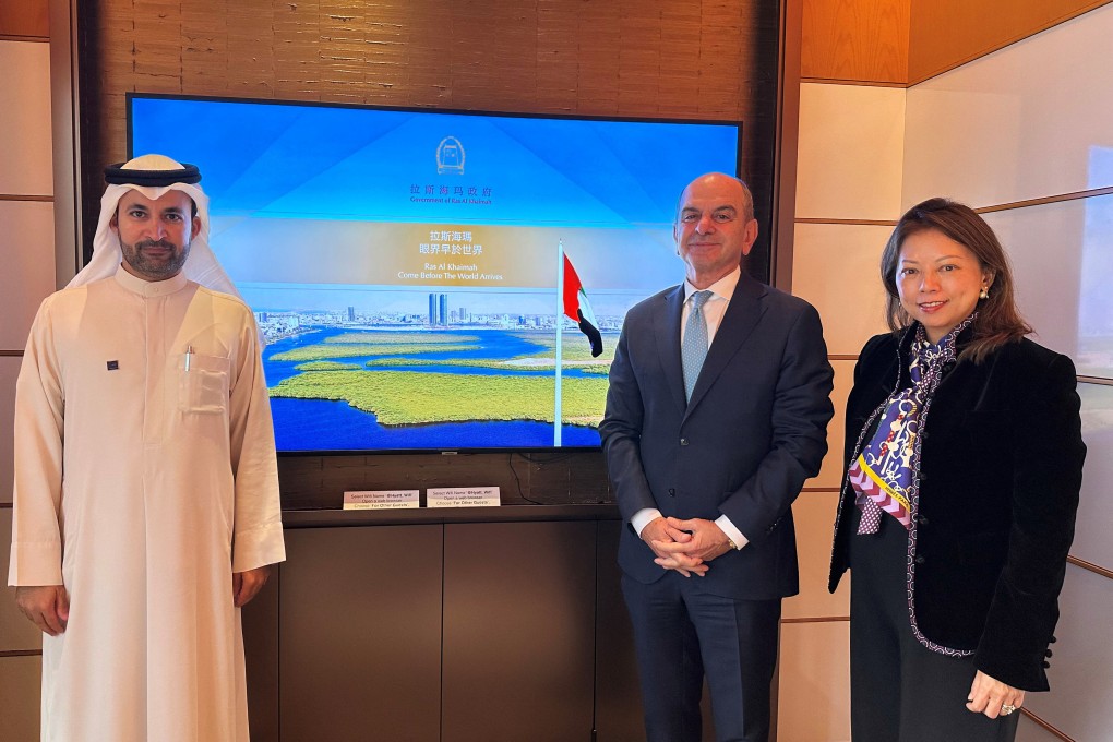 Marjan CEO Abdulla Al Abdouli, RAK Properties CEO Sameh Muhtadi and Ras Al Khaimah ruler’s advisor Alma Au Yeung pose for pictures during a delegation visit in Hong Kong. Photo: Reuters